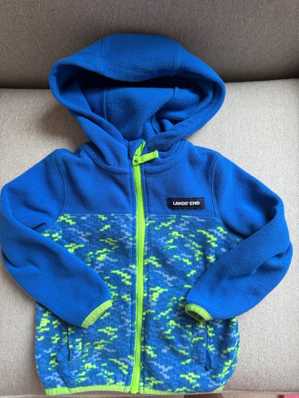 2t Lands' End Blue Fleece Hoodie with Neon Green Trim